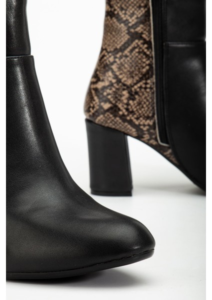 292 Siyah Leopar Desen Detaylı Fermuarlı Yüksek Topuklu Günlük Kadın Bot indirimleri