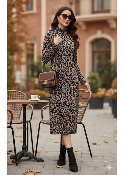 Kadın Uzun Kollu Balıkçı Yaka Leopar Desenli Midi Boy Elbise fiyatları