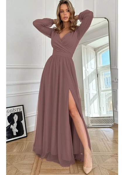 Kadın Uzun Kollu Kruvaze Yakalı Belden Kuşaklı Tüllü Uzun Ithal Krep Elbise