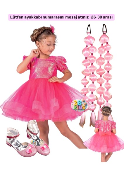 Pembe Bariiibi Payetli Prenses Elbise + Pembe 2 Adet Bubble Saç + Pembe Topuklu Ayakkabı Seti