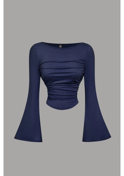 Kadın Likralı Drapeli Uzun Ispanyol Kollu Crop Bluz