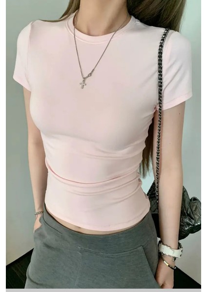 Pembe Bisiklet Yaka Basic Kadın Tişört modelleri