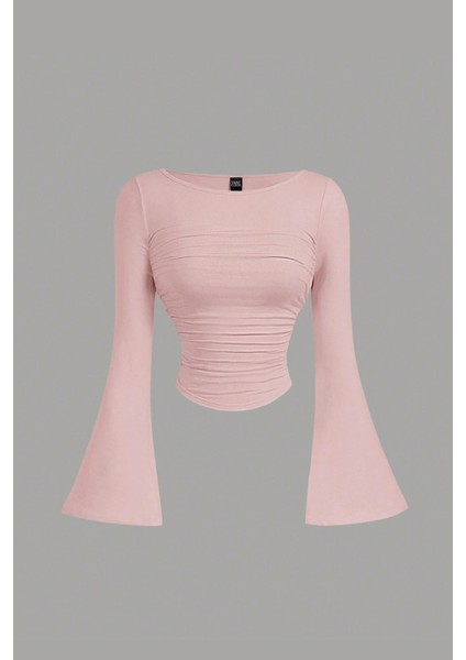 Kadın Likralı Drapeli Uzun Ispanyol Kollu Crop Bluz