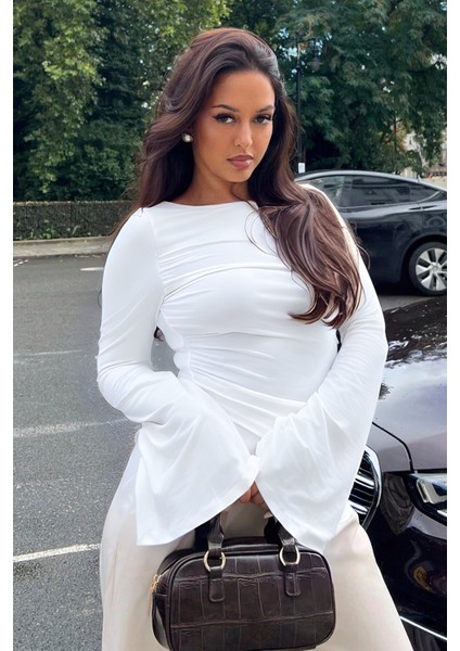 Kadın Likralı Drapeli Uzun Ispanyol Kollu Crop Bluz