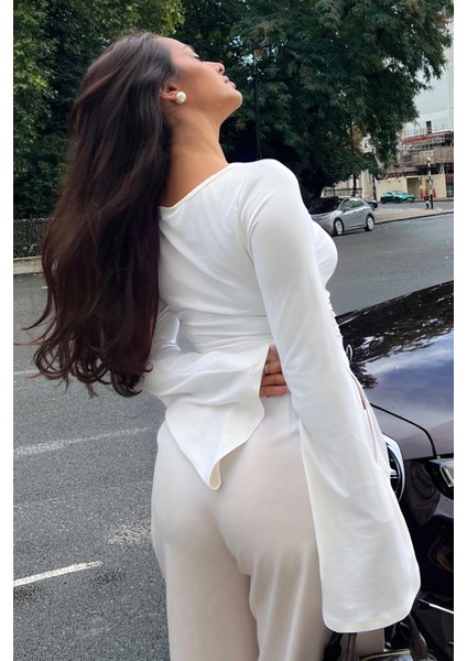 Kadın Likralı Drapeli Uzun Ispanyol Kollu Crop Bluz fiyatları