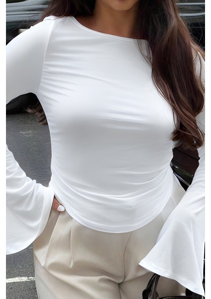 Kadın Likralı Drapeli Uzun Ispanyol Kollu Crop Bluz modelleri