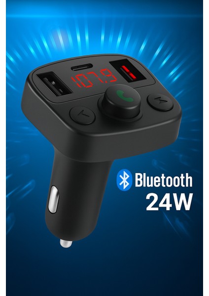 Bluetooth Fm Transmitter Araç Kiti – 24W Hızlı Şarj, Çift USB + Type-C, Rgb Işıklı modelleri