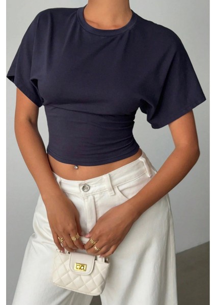 Kadın Lacivert Yarasa Kol Belden Oturtmalı Pamuklu T-Shirt