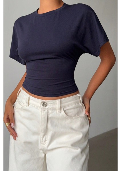 Kadın Lacivert Yarasa Kol Belden Oturtmalı Pamuklu T-Shirt fiyatları