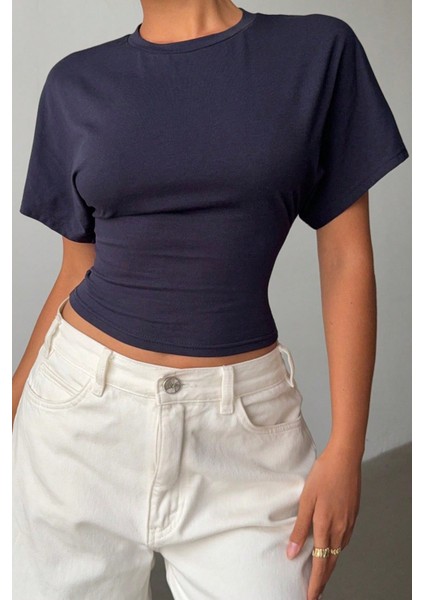 Kadın Lacivert Yarasa Kol Belden Oturtmalı Pamuklu T-Shirt modelleri