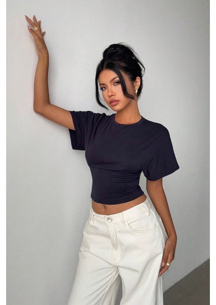 Kadın Lacivert Yarasa Kol Belden Oturtmalı Pamuklu T-Shirt indirimleri
