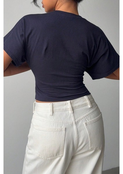 Kadın Lacivert Yarasa Kol Belden Oturtmalı Pamuklu T-Shirt
