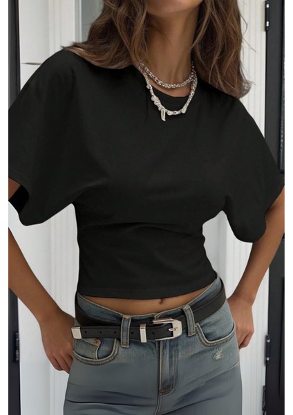 Kadın Siyah Yarasa Kol Belden Oturtmalı Pamuklu T-Shirt