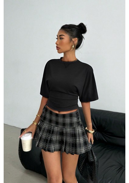 Kadın Siyah Yarasa Kol Belden Oturtmalı Pamuklu T-Shirt fiyatları