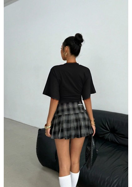 Kadın Siyah Yarasa Kol Belden Oturtmalı Pamuklu T-Shirt fırsatları