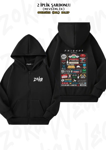 Unisex Friends, Central Perk, Dizi Baskılı Oversize Sırt Baskılı Fermuarlı Kapşonlu Hırka