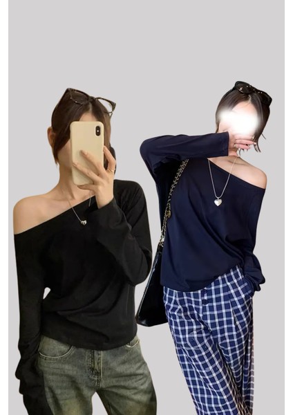 Siyah Lacivert 2 Li Paket Kadın Düşük Omuz Kayık Yaka Oversize Uzun Kollu T-Shirt