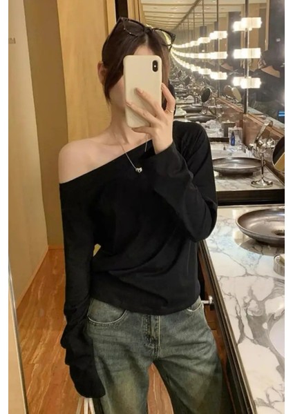 Siyah Kırmızı 2 Li Paket Kadın Düşük Omuz Kayık Yaka Oversize Uzun Kollu T-Shirt fiyatları