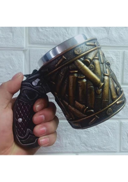 Premium Paslanmaz Çelik Iç Hazneli Mermi Görünümlü Bira Kupası – Mermi Kapsülleri Tasarım 400 ml