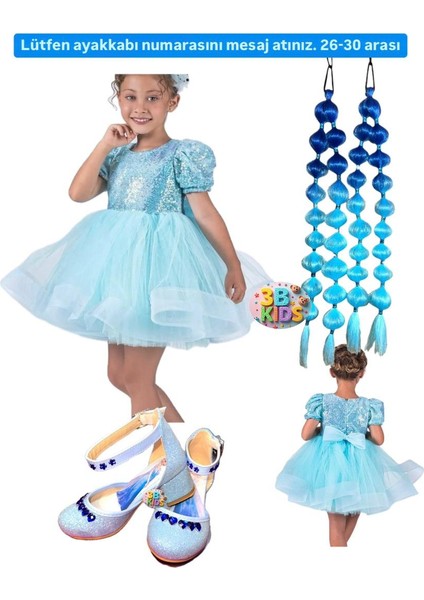 Payet Elsaa Prenses Mavi Kabarık Elbise 2 Adet Mavi Simli Bubble Saç Mavi Topuklu Ayakkabı Seti