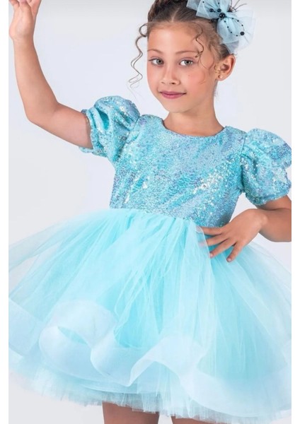 Payet Elsaa Prenses Mavi Kabarık Elbise 2 Adet Mavi Simli Bubble Saç Mavi Topuklu Ayakkabı Seti fiyatları