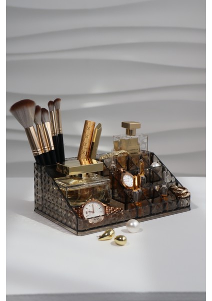 Şeffaf 16 Bölmeli Çok Amaçlı Makyaj ve Takı Organizeri Antrasit