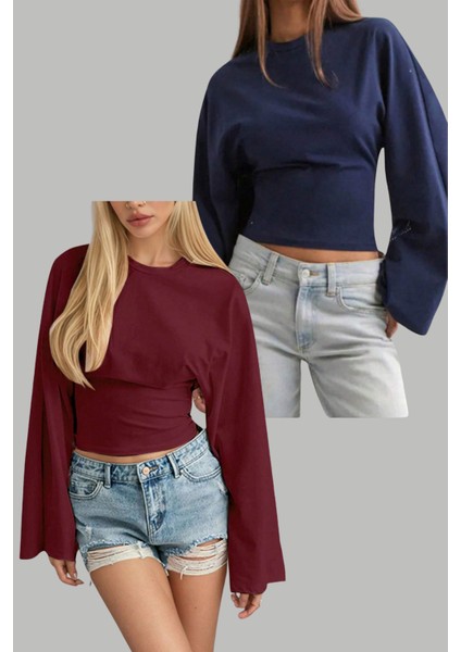Lacivert - Bordo 2li Paket Kadın Uzun Kollu Belden Oturtmalı Bluz