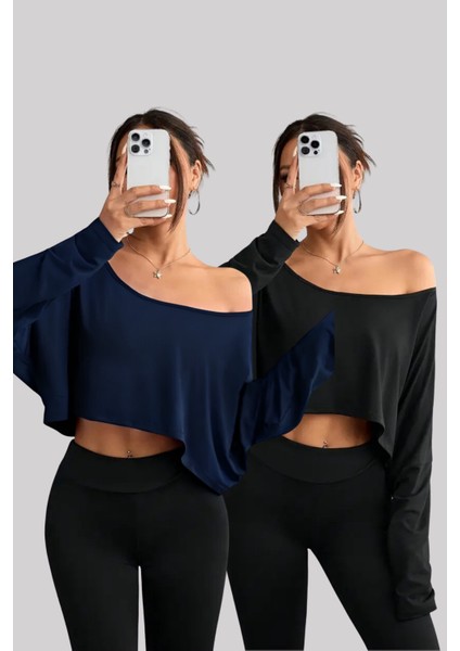 Siyah - Lacivert 2 Li Kadın Düşük Omuz Kayık Yaka Oversize Uzun Kollu Crop T-Shirt