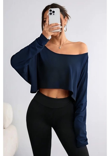 Siyah - Lacivert 2 Li Kadın Düşük Omuz Kayık Yaka Oversize Uzun Kollu Crop T-Shirt modelleri