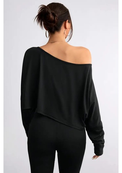 Siyah - Lacivert 2 Li Kadın Düşük Omuz Kayık Yaka Oversize Uzun Kollu Crop T-Shirt indirimleri