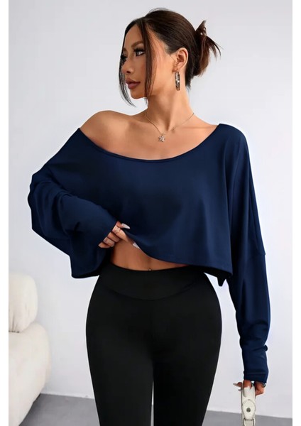Siyah - Beyaz - Lacivert 3lü Kadın Düşük Omuz Kayık Yaka Oversize Uzun Kollu Crop T-Shirt modelleri