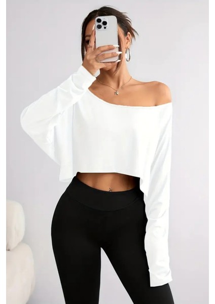 Siyah - Beyaz - Lacivert 3lü Kadın Düşük Omuz Kayık Yaka Oversize Uzun Kollu Crop T-Shirt fırsatları