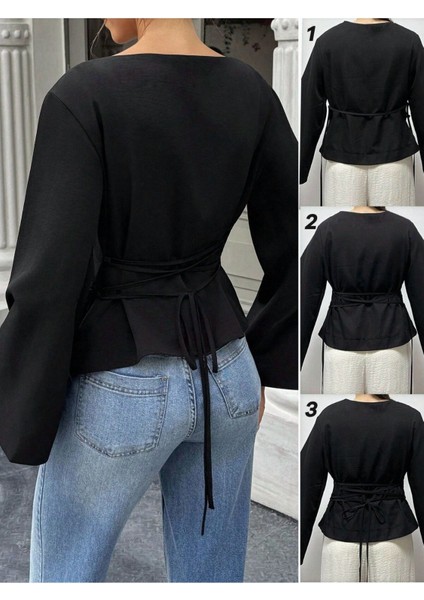 Kadın Belden Bağlamalı Ipli Ispanyol Kol Bluz