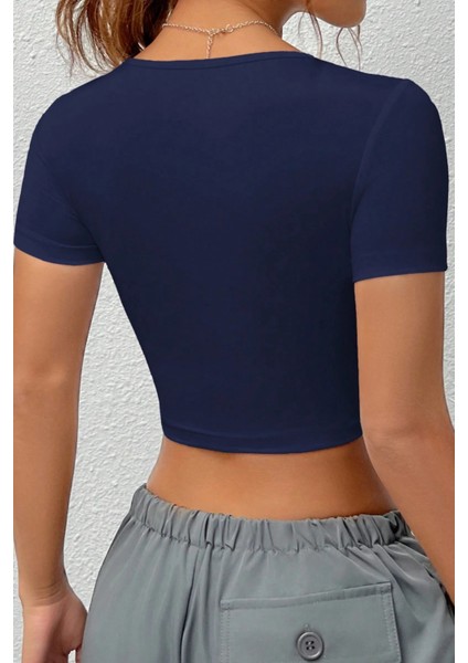 Kadın Kare Yaka Kısa Kollu Yazlık Basic Crop Tişört