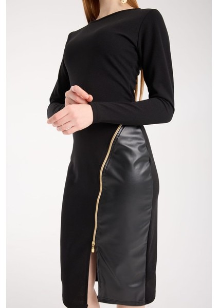 Kadın Bisiklet Yaka Uzun Kollu Deri ve Fermuar Detay Mini Yırtmaçlı Elbise modelleri