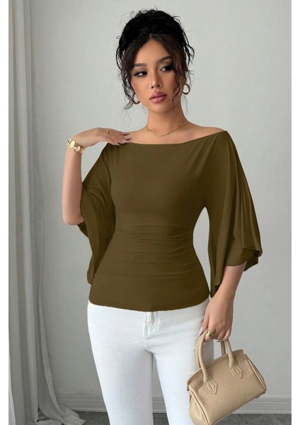 Kadın Beyaz Kayık Yaka Flare Kol Drapeli Fit Bluz modelleri