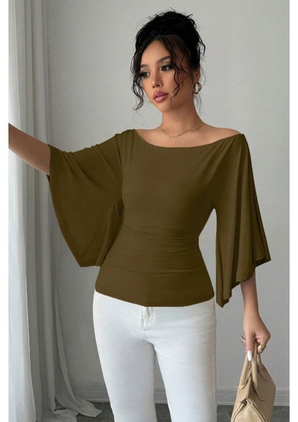 Kadın Beyaz Kayık Yaka Flare Kol Drapeli Fit Bluz fırsatları