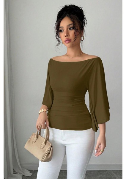 Kadın Beyaz Kayık Yaka Flare Kol Drapeli Fit Bluz indirimleri