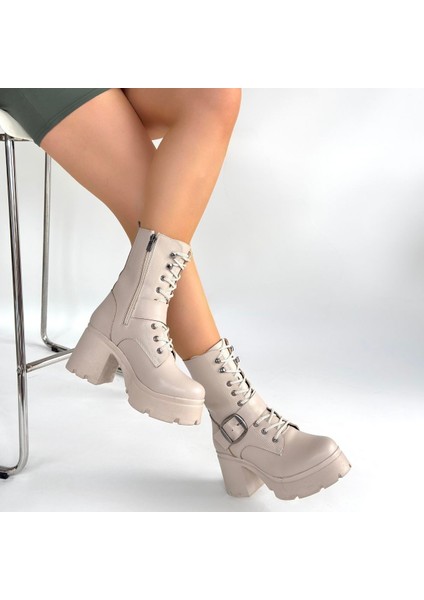 Linma Bej Cilt Bağcıklı Topuklu Bot - Lisinya fırsatları