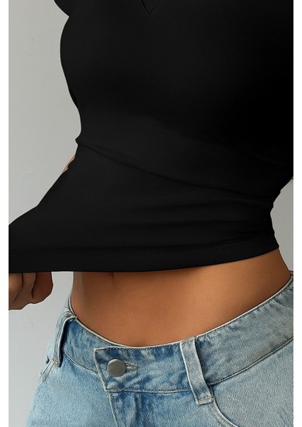 Kadın Siyah V Yaka Oval Etek Slim T-Shirt fiyatları