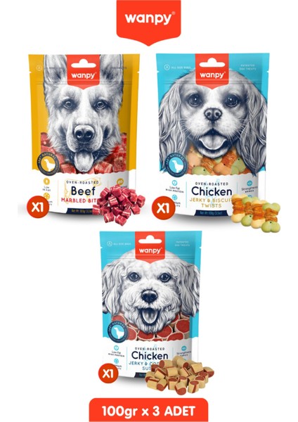 3lü Köpek Ödülü Seti - Sargılı Bisküvi, Et Parçaları ve Tavuk & Morina Köpek Ödül Maması 100GR