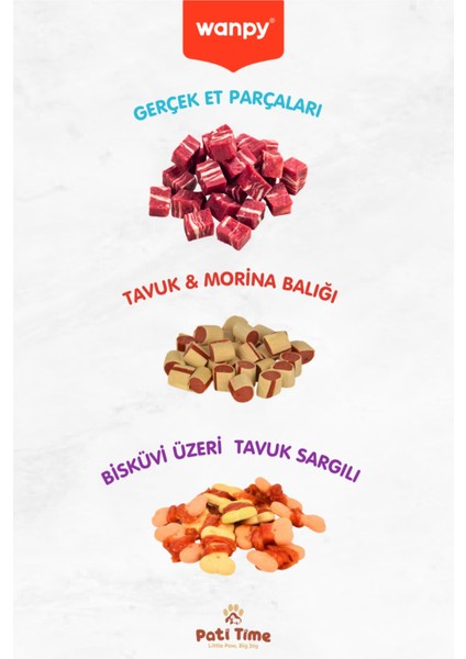 3lü Köpek Ödülü Seti - Sargılı Bisküvi, Et Parçaları ve Tavuk & Morina Köpek Ödül Maması 100GR fiyatları