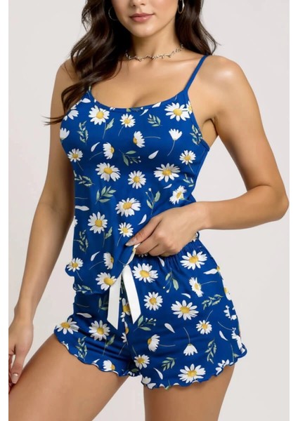 Papatya Desenli Mavi Askılı Şortlu Pijama Takımı fiyatları