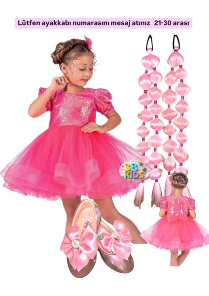 Pembe Payetli Prenses Elbise + Pembe 2 Adet Bubble Saç + Pembe Kurdele Babet Doğum Günü Set