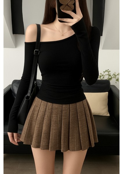 Siyah Kadın Düşük Omuz Kayık Yaka Dar/slim Uzun Kollu T-Shirt