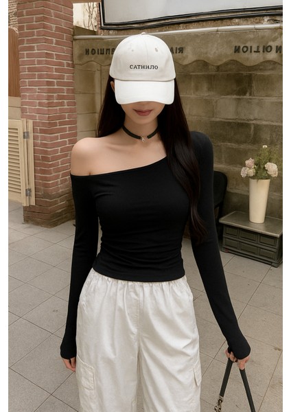 Siyah Kadın Düşük Omuz Kayık Yaka Dar/slim Uzun Kollu T-Shirt fiyatları