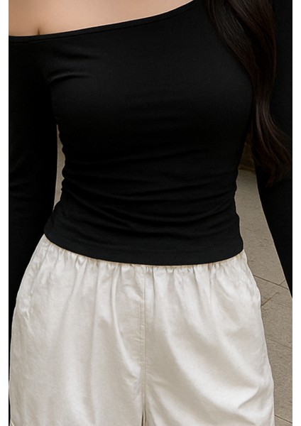 Siyah Kadın Düşük Omuz Kayık Yaka Dar/slim Uzun Kollu T-Shirt modelleri