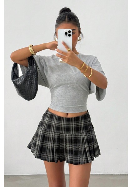 Kadın Gri Yarasa Kol Belden Oturtmalı Pamuklu T-Shirt modelleri