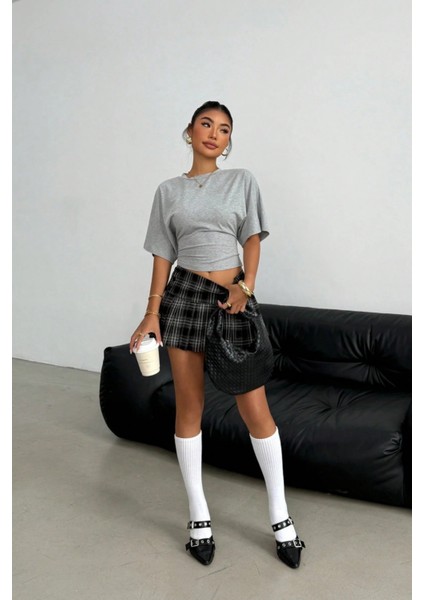 Kadın Gri Yarasa Kol Belden Oturtmalı Pamuklu T-Shirt fırsatları