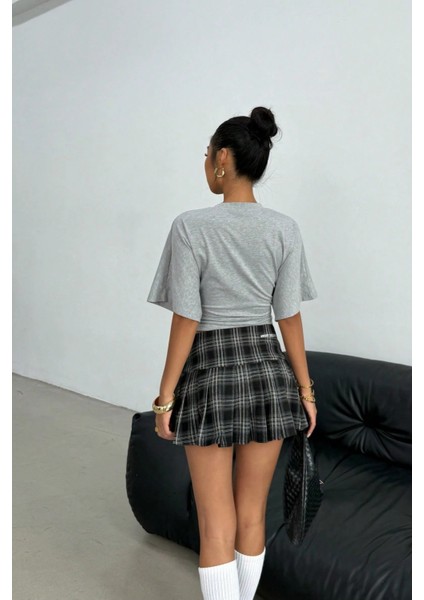 Kadın Gri Yarasa Kol Belden Oturtmalı Pamuklu T-Shirt indirimleri